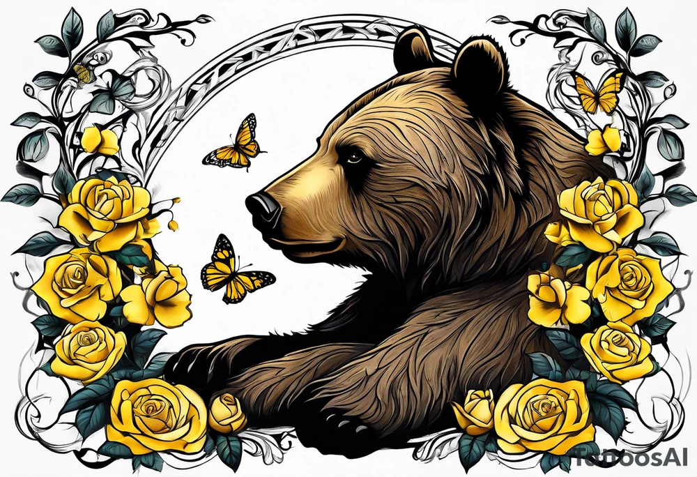 Bear under the tree of life with yellow roses and three butterflies for an upper arm tattoo. tattoo idea