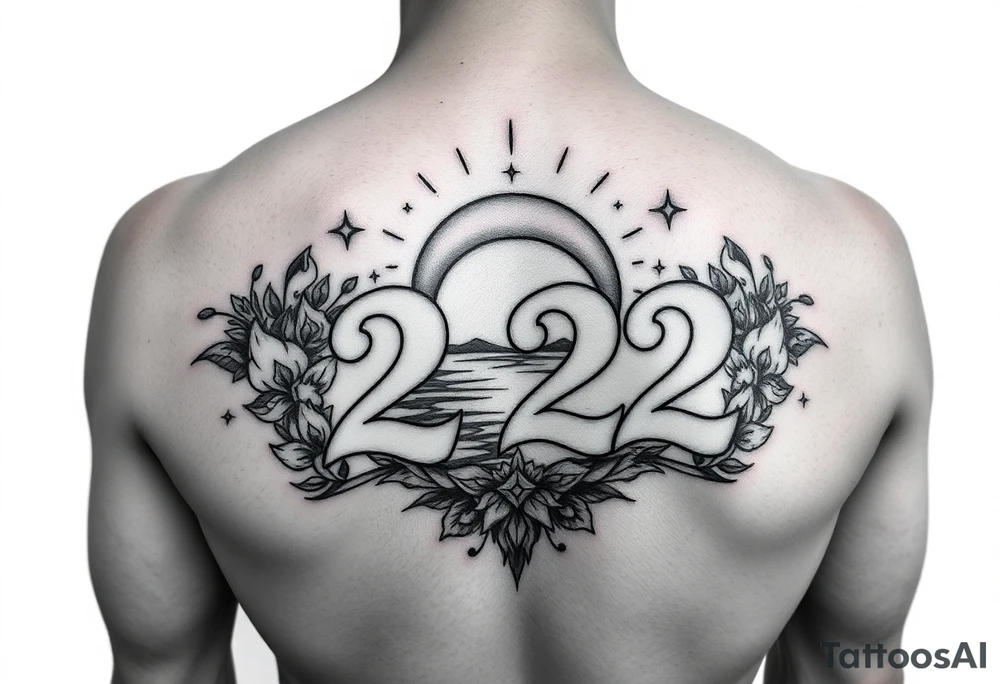 Bold 222 surrounded with sunset and love and stardust and vibration tattoo idea