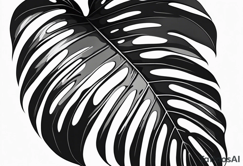 Abstract but realistic monstera leaf tattoo to go on the right leg on the outside of the leg next to the shin with a stem going down behind the ankle. Make it not so dark with lighter shading tattoo idea