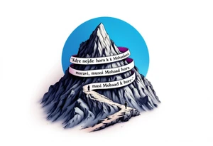 "Kdyz nejde hora k Mohamedovi, musi Mohamed k hore." — A small figure walking toward a majestic gray mountain under a blue sky, with the quote winding around the peak. tattoo idea