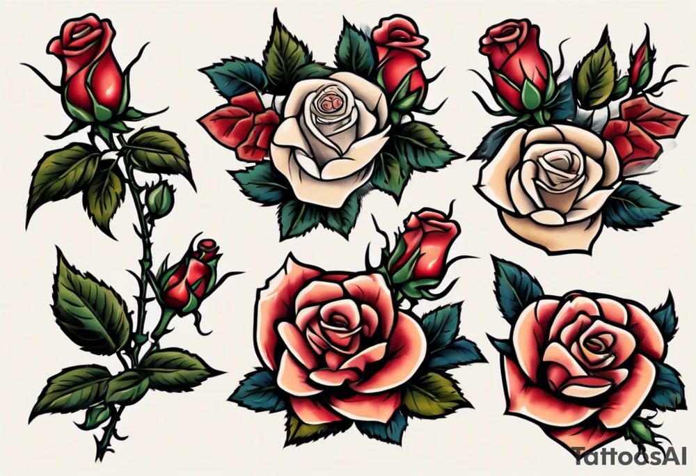 American Traditional rose with three american traditional flowers around it tattoo idea