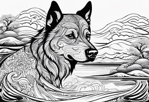 Dog head shape outline with scenic river flowing tattoo idea