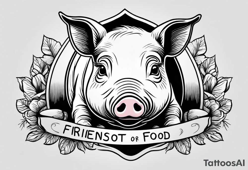 cute pig or piglet.
with text: "friends not food" 

only very thin lines. no shading. black and white only tattoo idea