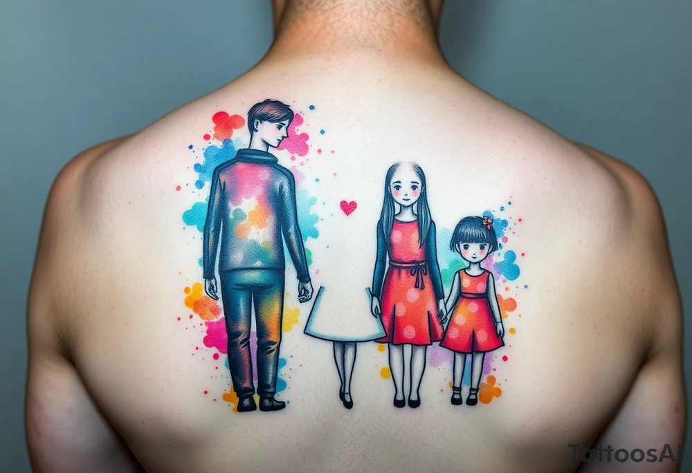 Family 2 parents 2 kids with colour around the caracters tattoo idea