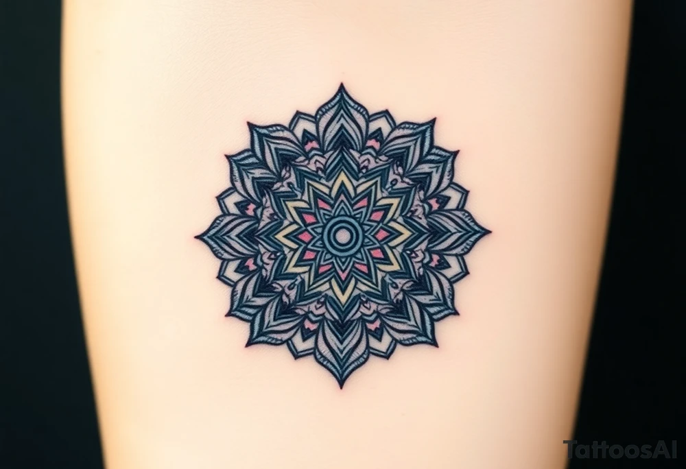 intricate mandala with sacred geometry and cosmic elements with honey combs filling in blank space tattoo idea