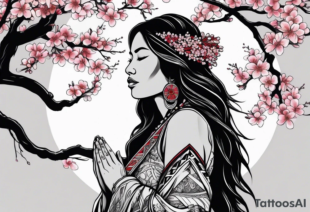 Native American woman wrapped by cherry blossom tree with praying hands tattoo idea Native American woman wrapped by cherry blossom tree with praying hands tattoo idea