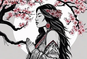 Native American woman wrapped by cherry blossom tree with praying hands tattoo idea