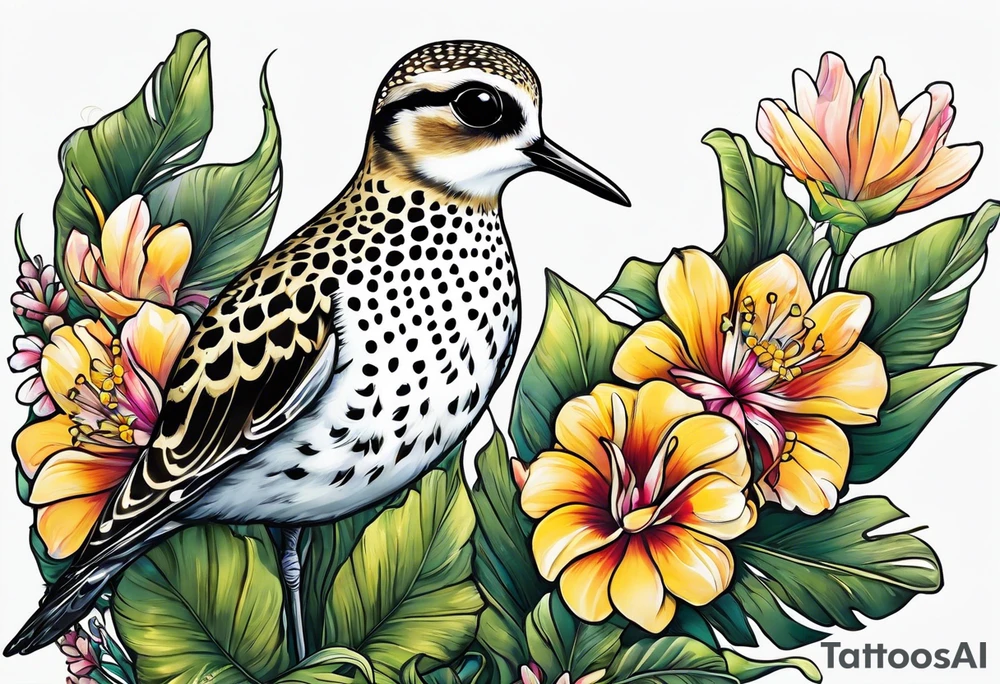 Pacific golden plover with Hawaiian flowers tattoo idea