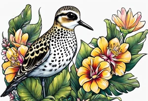 Pacific golden plover with Hawaiian flowers tattoo idea