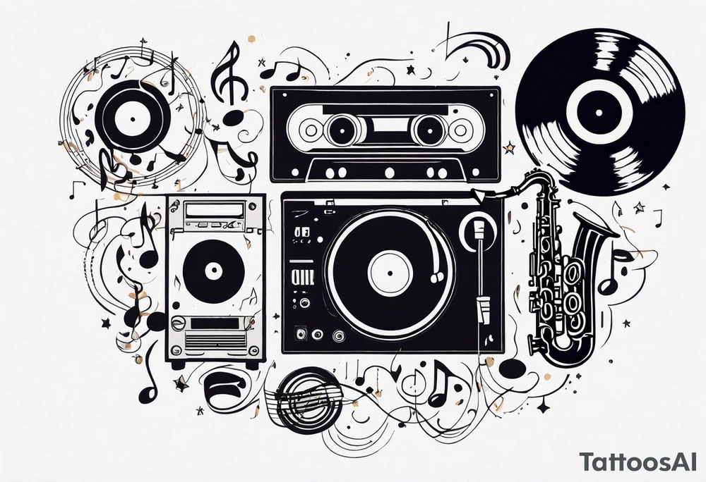music notes surrounded by a record, a cassette tape, and saxophone parts tattoo idea