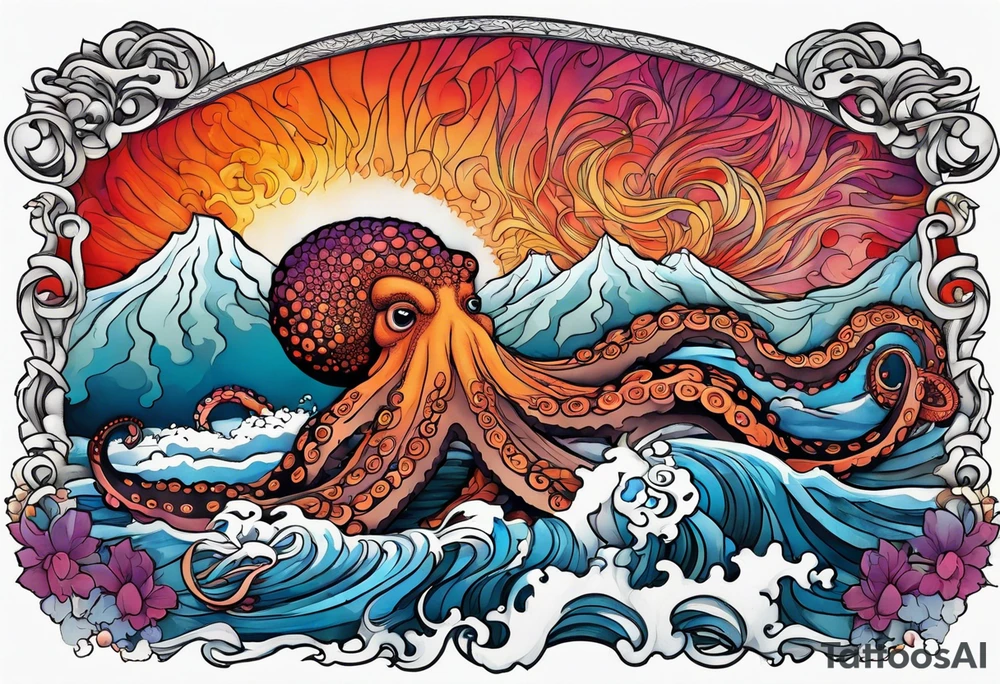 Octopus, volcano eruption, bridge tattoo idea