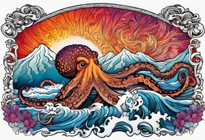 Octopus, volcano eruption, bridge tattoo idea