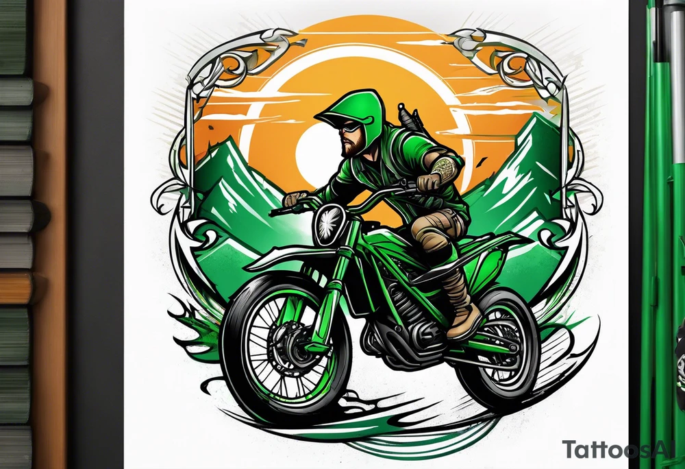 Green arrow character riding a Santa Cruz blur full suspension mountain bike tattoo idea
