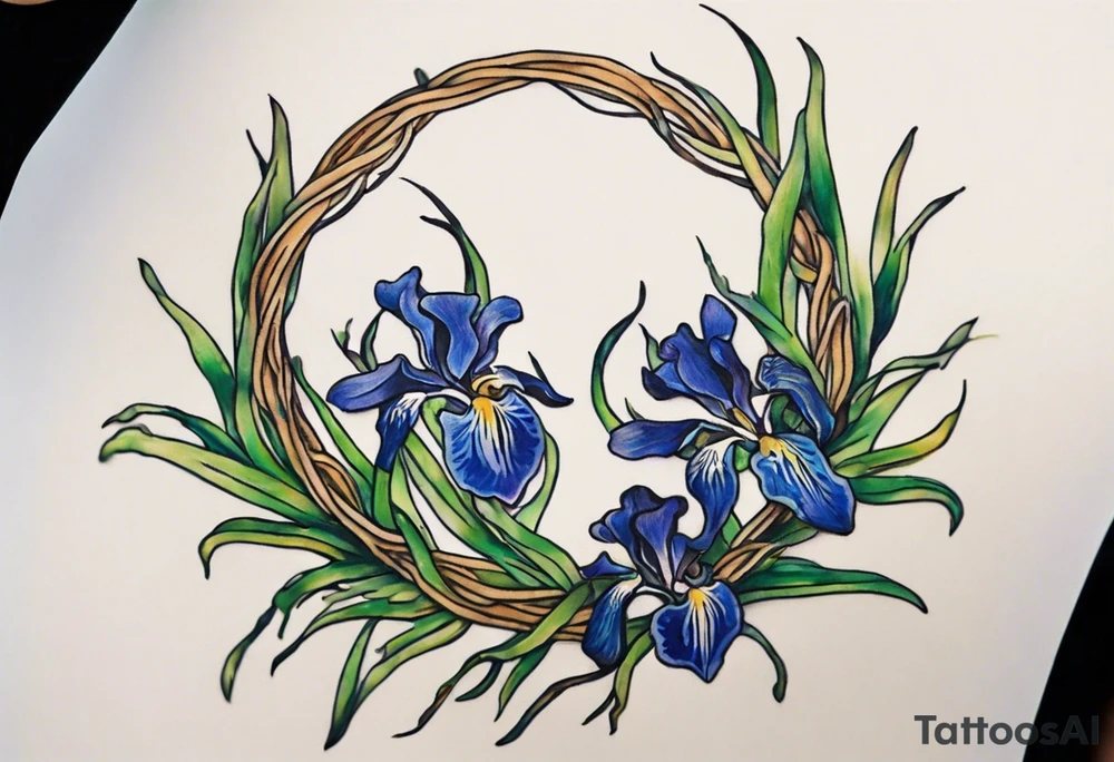 Create a small Vincent van Gogh Irises tattoo. The tattoo should take the form of a crescent, with vines gracefully intertwining at a central point in the middle of the wreath with a bird. The intended placement is on the upper chest. The overall design should be small in size while maintaining a delicate and artistic aesthetic. Pay attention to the graceful flow of the vines and the placement of the irises to achieve a refined and elegant look. tattoo idea