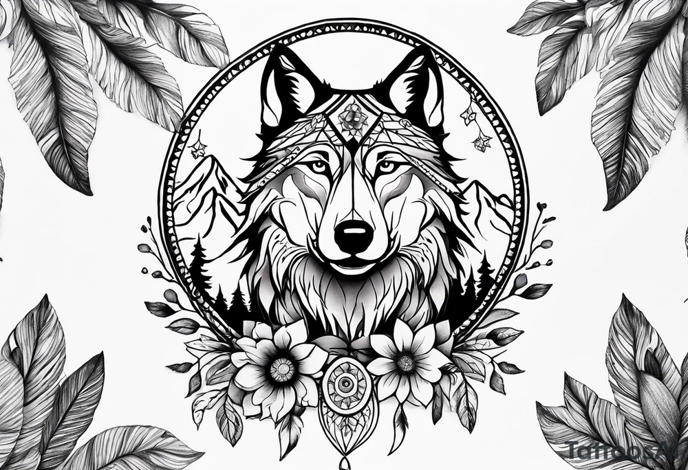 A whimsical wolf tattoo featuring mandala or dream catcher elements, with the wolf as the central focus, surrounded by mountains in the background. Include flowers and nature elements to fill the space around the wolf. Some color but not completely solid bold color tattoo idea