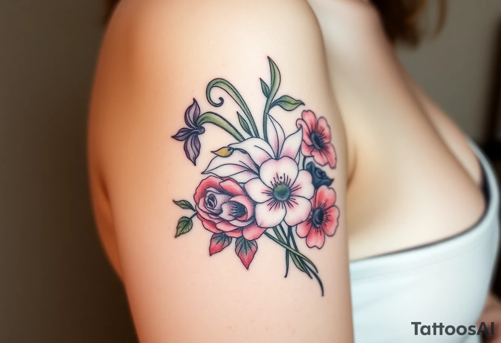 A Christian tattoo representing from death to life or old to new. Incorporate the following flowers in a bouquet coming out of the life (new) side. Morning Glory, Lily of the Valley, Daffodil, Rose, Poppy, Violet tattoo idea