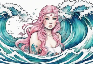 a turquoise and white and pink selkie with beautiful eyes emerging from the blue waves of the ocean tattoo idea