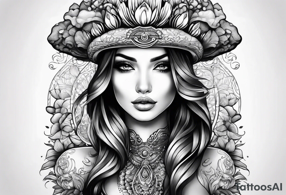 Female with mushroom hat namaste tattoo idea