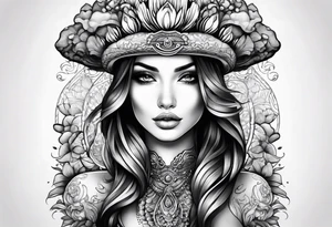 Female with mushroom hat namaste tattoo idea