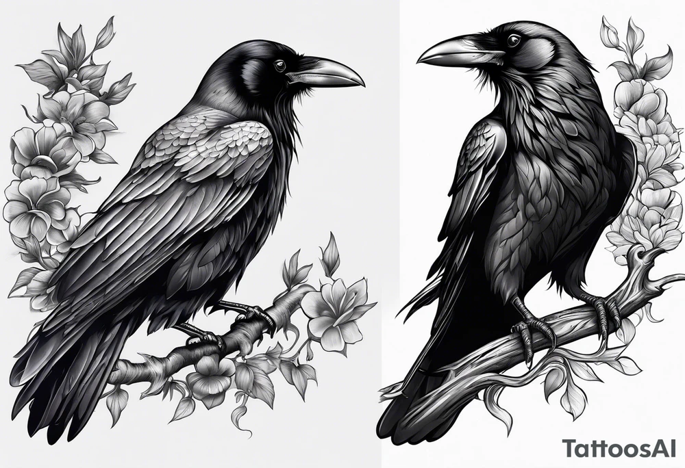 Stading raven with tongue out, blank eyes and long tail wings tattoo idea