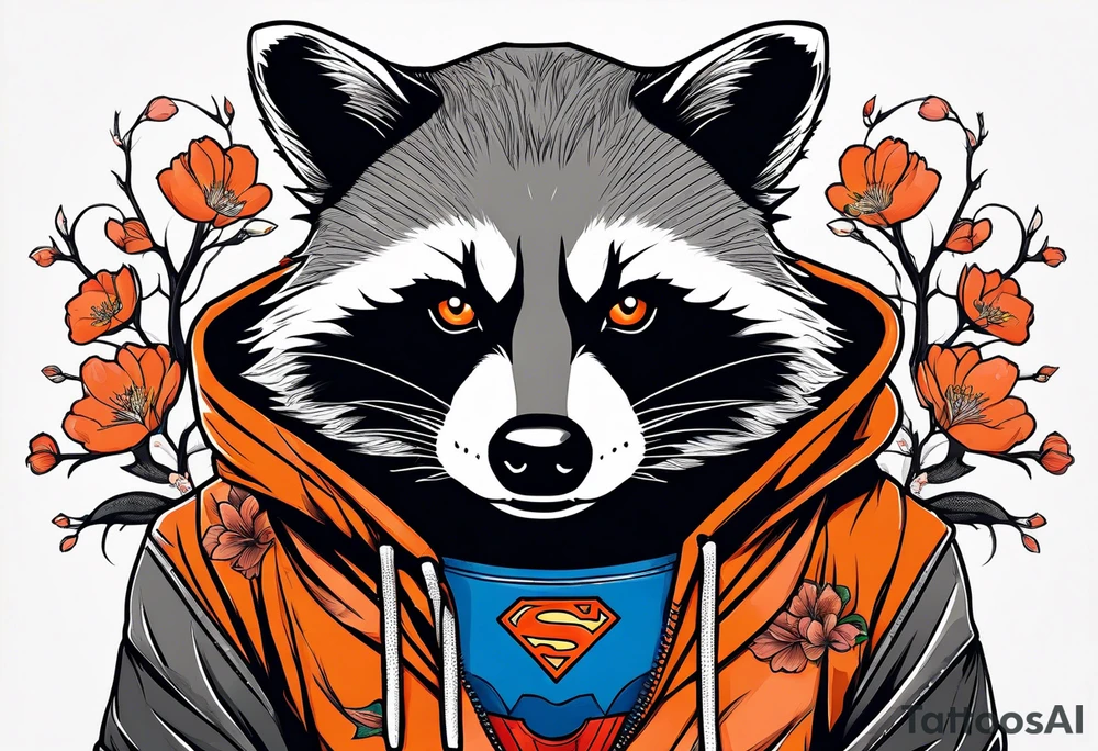raccoon wearing a Superman hoodie with black and white logo and orange Japanese cherry blossoms tattoo idea