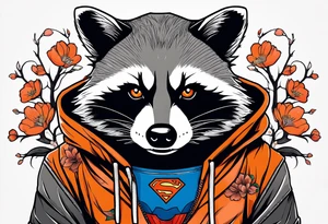raccoon wearing a Superman hoodie with black and white logo and orange Japanese cherry blossoms tattoo idea