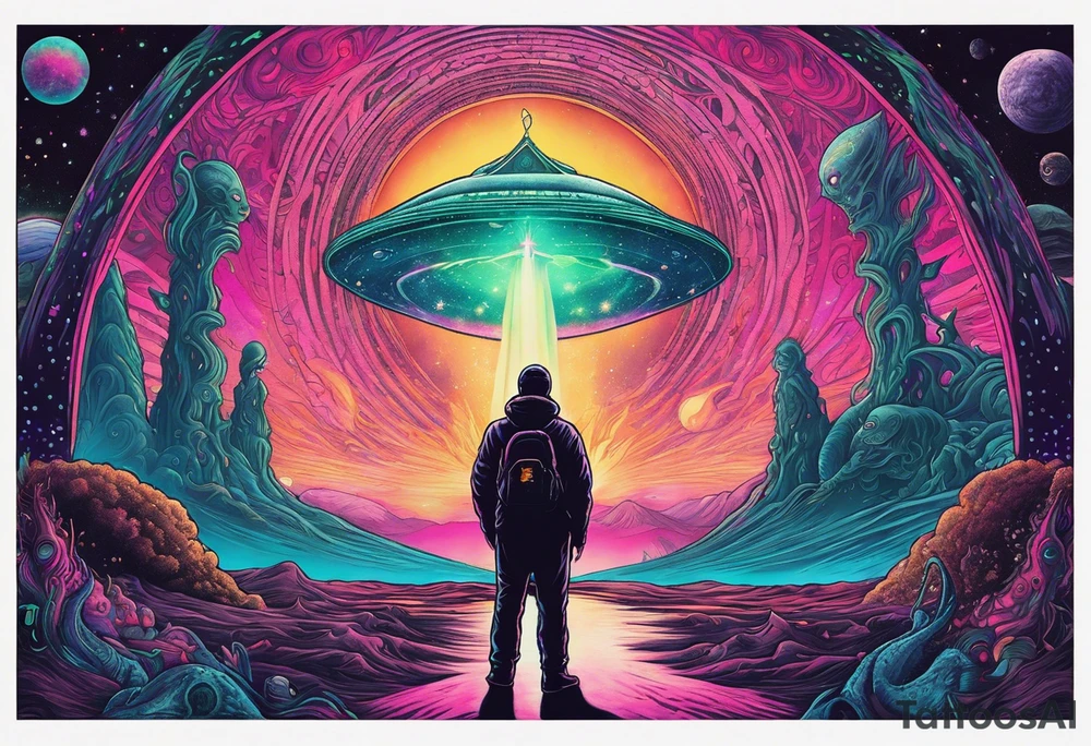 Full Back, synthwave, colossal Alien entities and space stuff, small human on The foreground in awe of The sheer scale of The infinite universe, More absurdist Aliens, Cthulhu-esque Alien pope tattoo idea