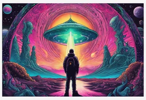 Full Back, synthwave, colossal Alien entities and space stuff, small human on The foreground in awe of The sheer scale of The infinite universe, More absurdist Aliens, Cthulhu-esque Alien pope tattoo idea