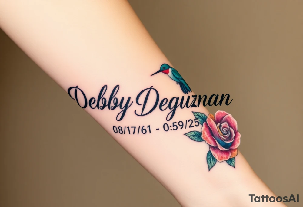 Tattoo of the name Debby Deguzman in chunky bold curly cursive with the exact dates of 08/17/61-05/29/25 surrounded by a hummingbird and a rose tattoo idea