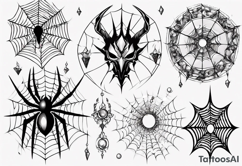 Spider in a spiral spiderweb with jewels and shattered chalices and spiral unicorn horn. tattoo idea