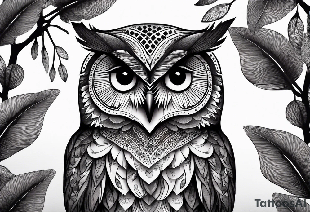 “A wise owl perched on a branch, with large, expressive eyes and intricate feather patterns, representing wisdom tattoo idea