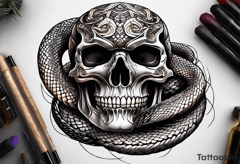Snake intertwined into a realistic skull coming through the eye ready to strike Mexican style tattoo idea