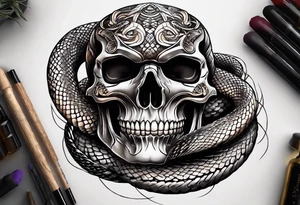 Snake intertwined into a realistic skull coming through the eye ready to strike Mexican style tattoo idea