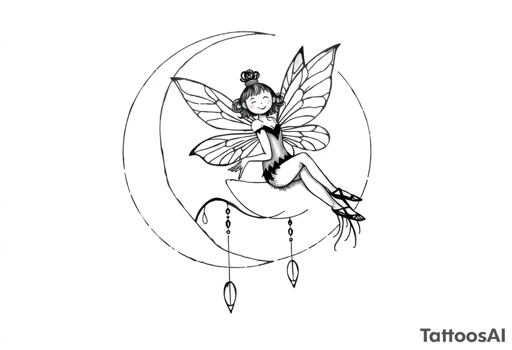 All black tattoo of a Fairy sitting on moon with dangles. tattoo idea