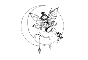 All black tattoo of a Fairy sitting on moon with dangles. tattoo idea