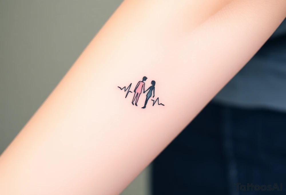 Heartbeat line with a tiny silhouette of a couple holding hands, surrounded by soft pink and lavender tones, symbolizing love and unity. tattoo idea