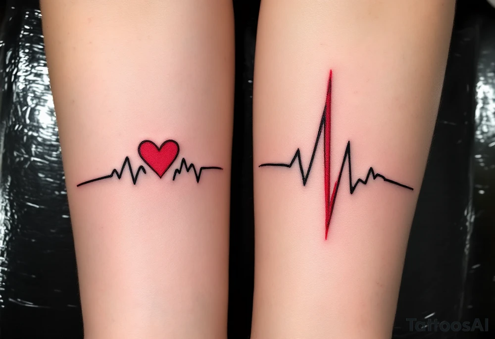 Two heartbeat lines ending in a red spike with your wedding date (05.08.2016) in cursive on both forearm. tattoo idea