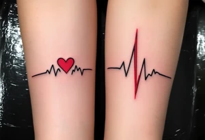 Two heartbeat lines ending in a red spike with your wedding date (05.08.2016) in cursive on both forearm. tattoo idea