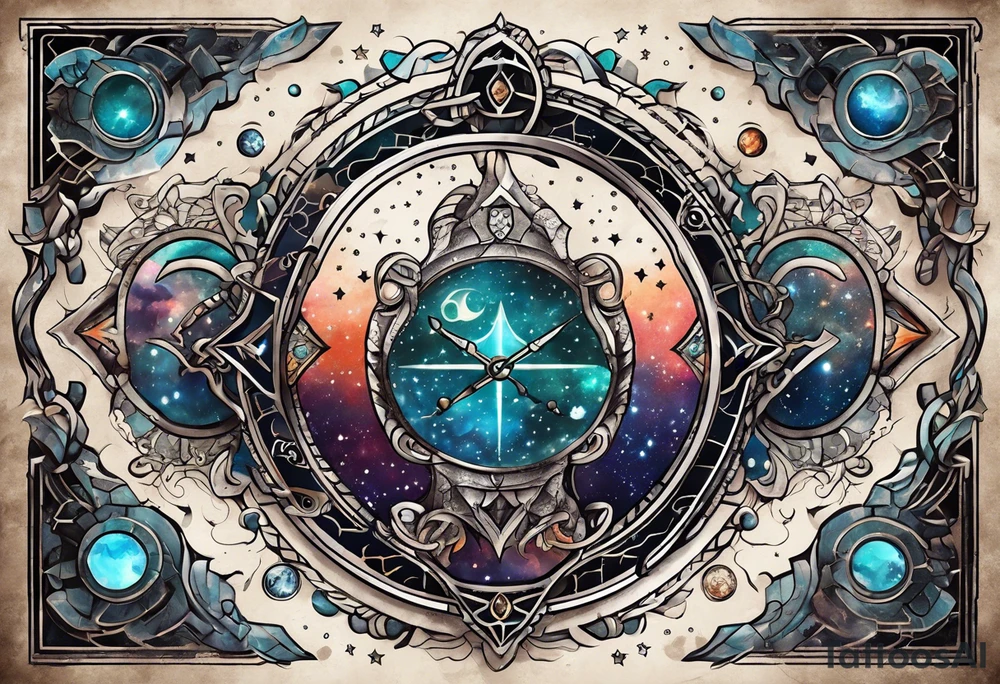 Matter, energy, space and time with an old stone theta symbol with stars in the background and Scorpio constellation tattoo idea