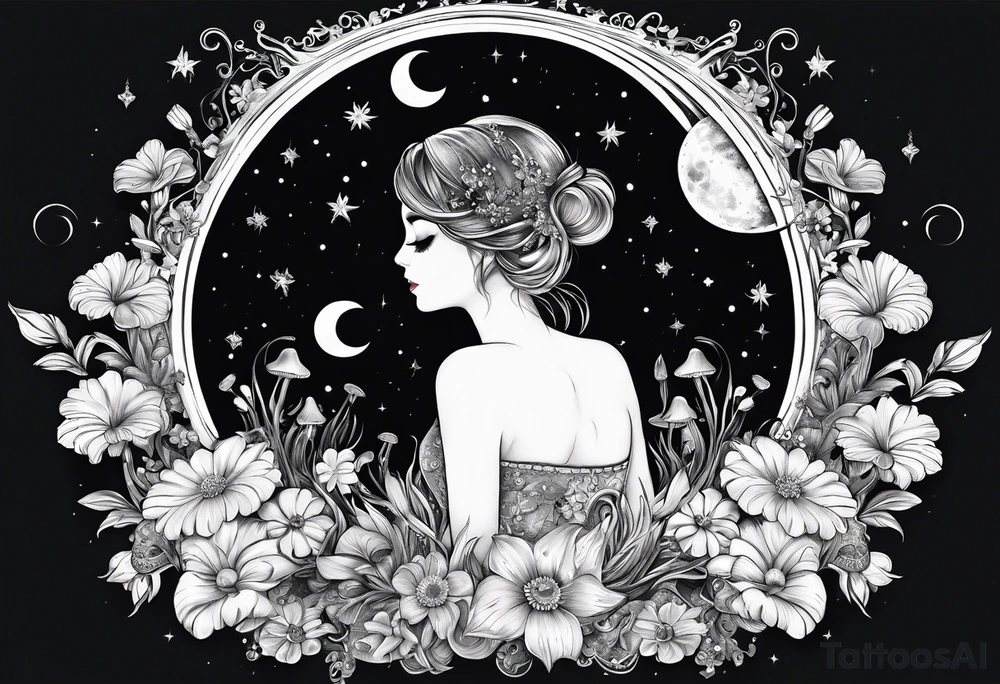 moon with crystals, mushrooms, and lily’s and daisy’s tattoo idea