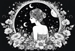 moon with crystals, mushrooms, and lily’s and daisy’s tattoo idea