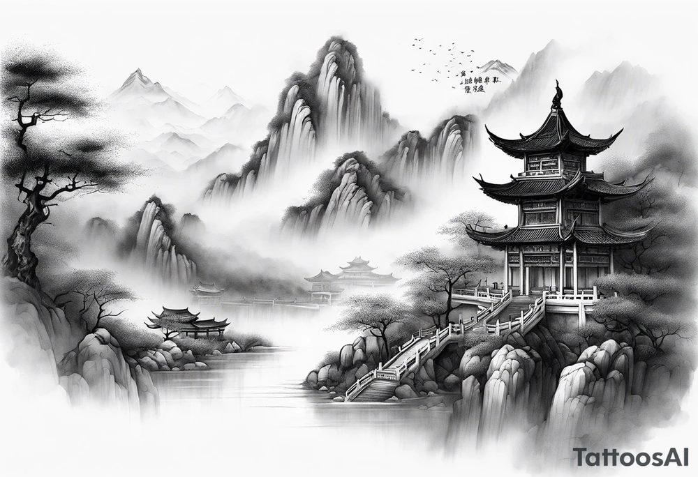 forearm sleeve traditional chinese art painting style autumn mountains mist fog water Chinese temple 2 philosophers wearing robes seated drinking tea far away in the distance tattoo idea