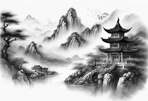 forearm sleeve traditional chinese art painting style autumn mountains mist fog water Chinese temple 2 philosophers wearing robes seated drinking tea far away in the distance tattoo idea