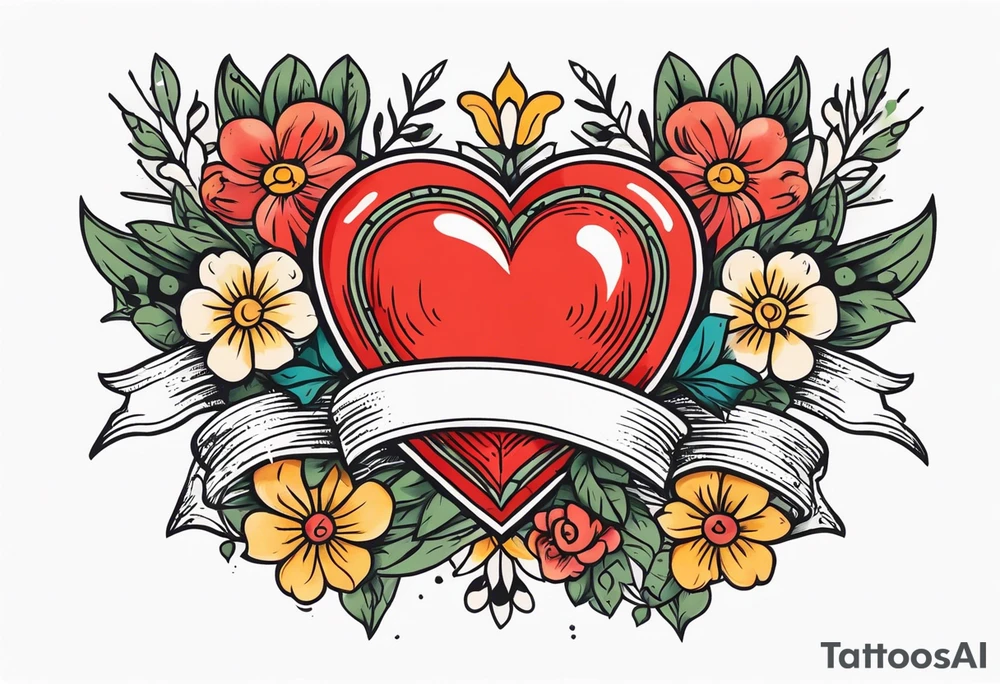 heart traditonal vintage tattoo colorful with flowers and banner tattoo idea
