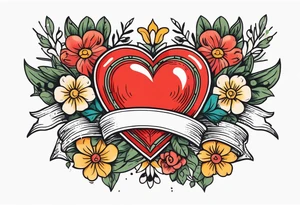 heart traditonal vintage tattoo colorful with flowers and banner tattoo idea