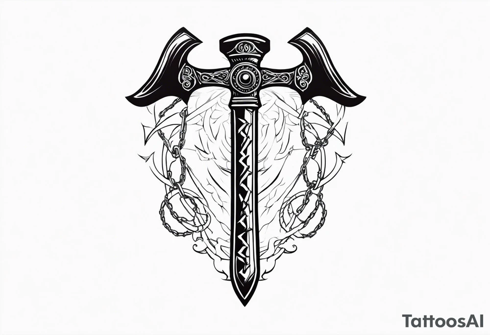 Valhalla sword shield axe barbed wire chains dark cloud lightning tattoo idea