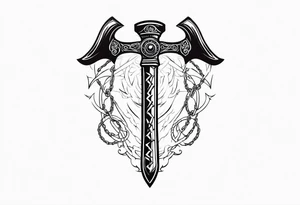 Valhalla sword shield axe barbed wire chains dark cloud lightning tattoo idea