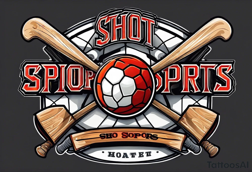 crossed hockey sticks with sports equipment that says "SHOT SPORTS" tattoo idea