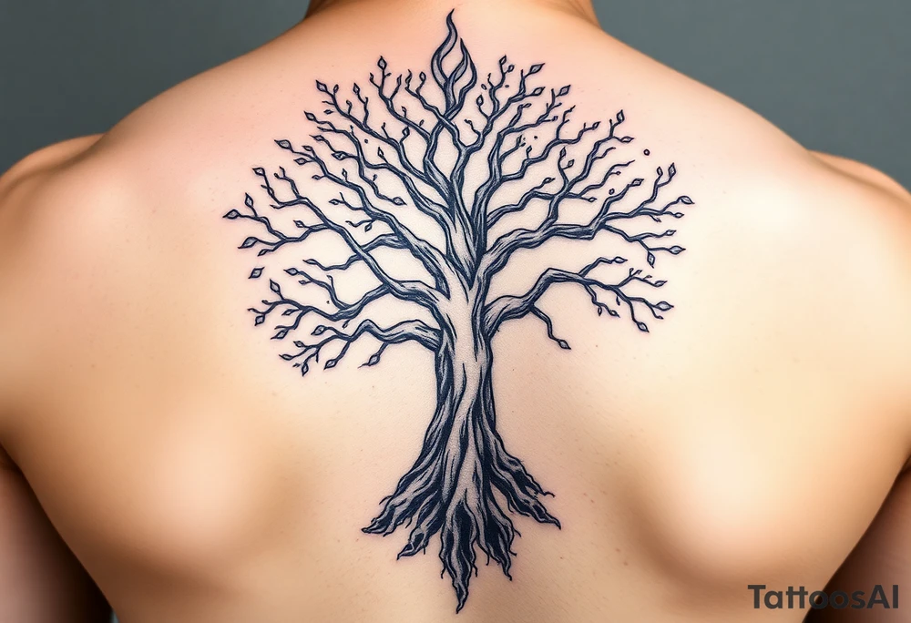 mystical tree of life with cosmic roots and celestial branches tattoo idea