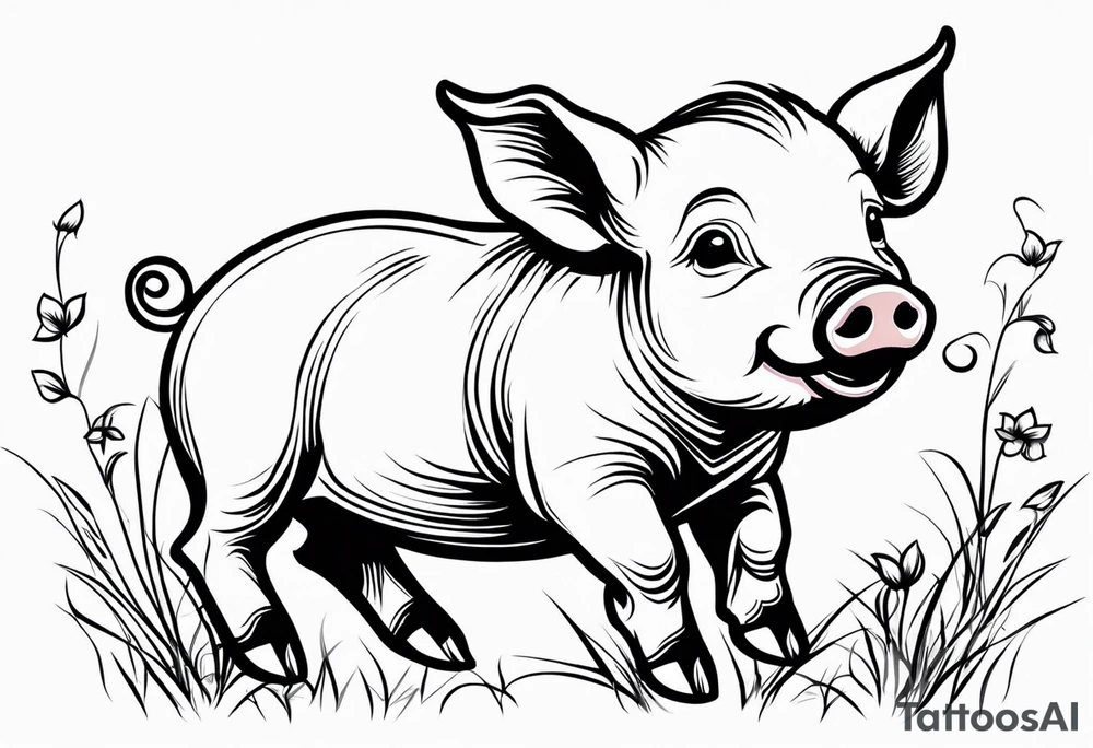 very cute happy piglet.
outline only.
black and white only.
only show the piglet. no extra lines or decoration.
no black shading.
dont make the ears too big.
draw only with very thin lines (1px)

should look like a tattoo that will only take 15 minutes to draw tattoo idea
